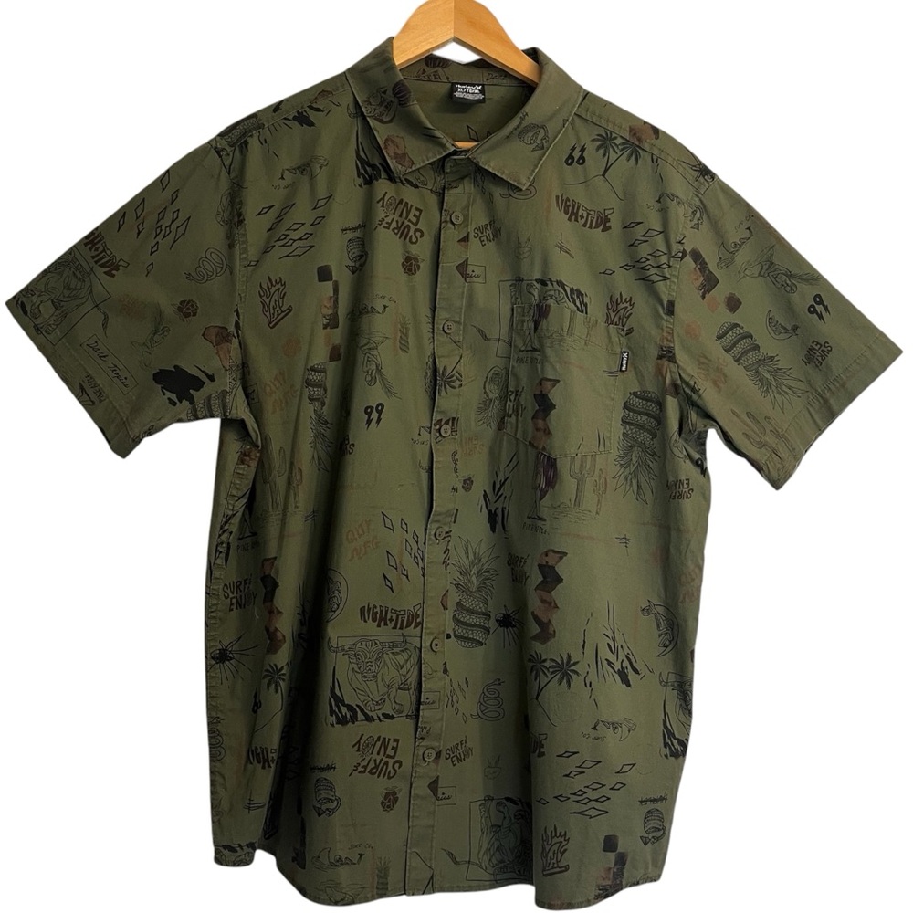 Hurley Graphic Print Short Sleeve Button Up Shirt Army Green